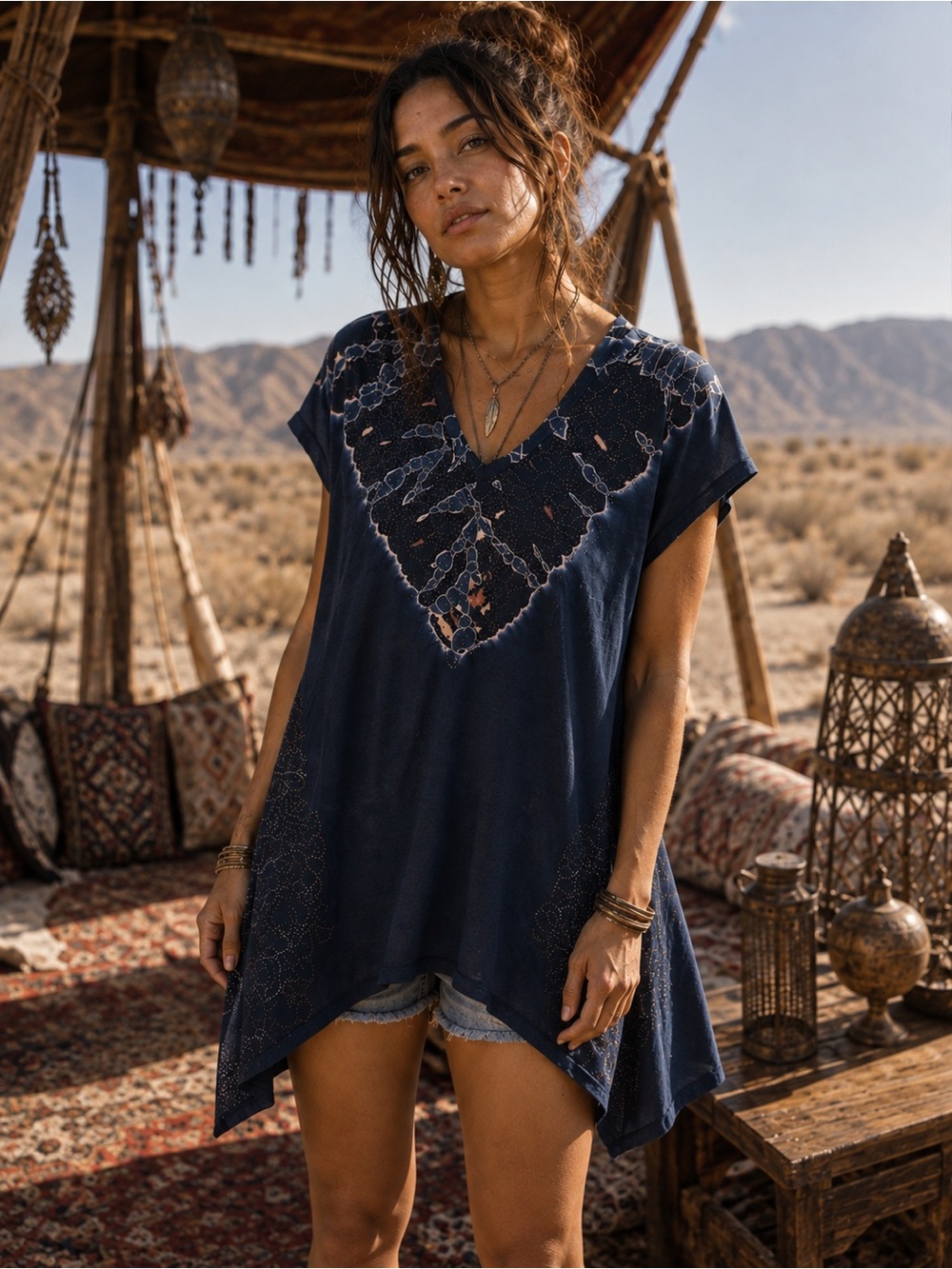 VOCAL Boho Hippie Tie Dye Tunic Top Large Blue Festival Gypsy VTG 90s Artsy Flow